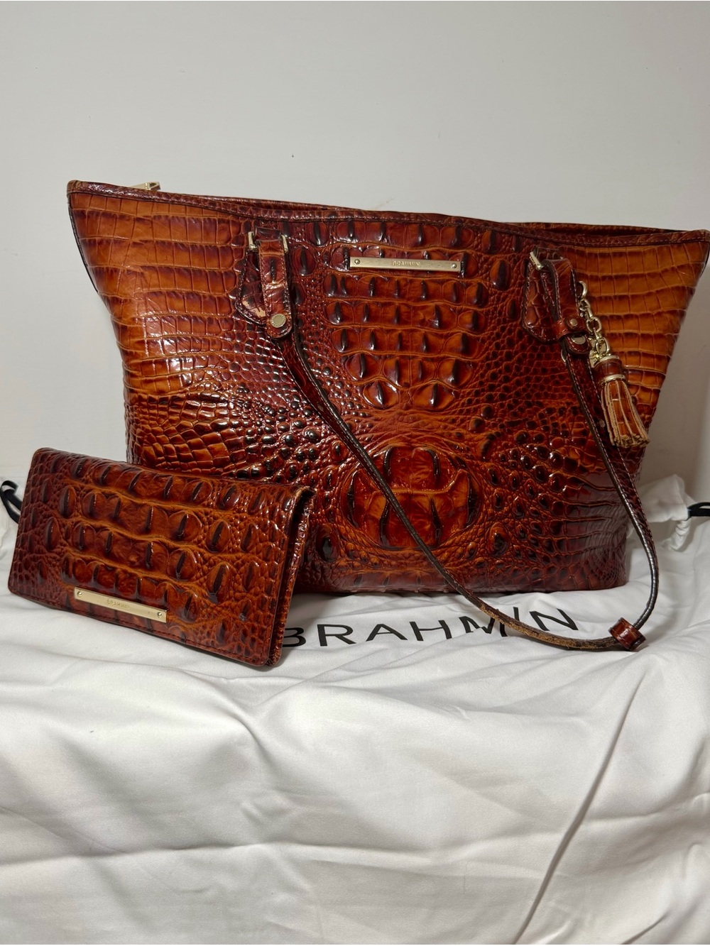 Brahmin Cognac Croc-Embossed Leather Tote with Matching Wallet & duster bag
